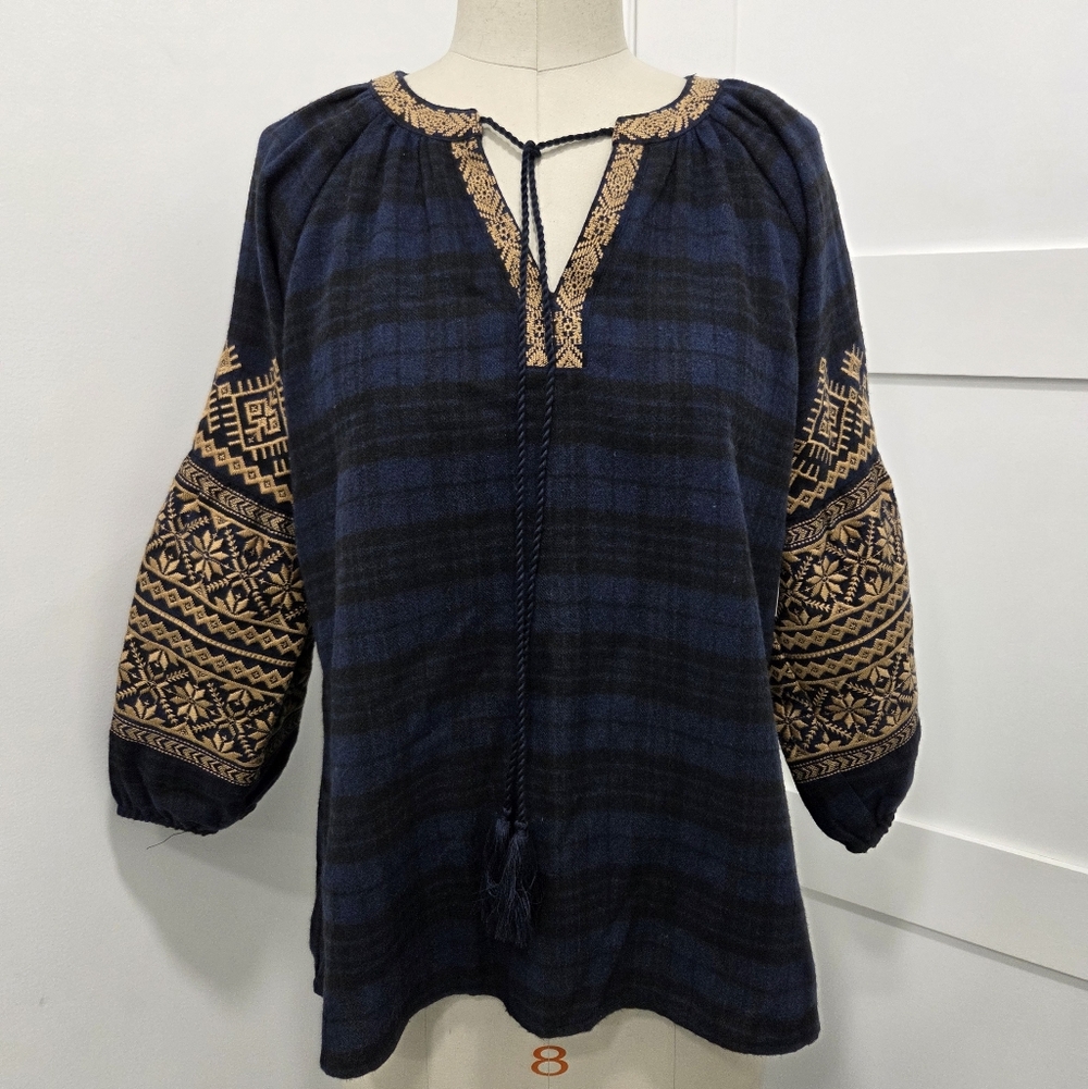 Andree By Unit Women"s Bohemian Tan Embroidered Black Blue Plaid Tunic Blouse SM